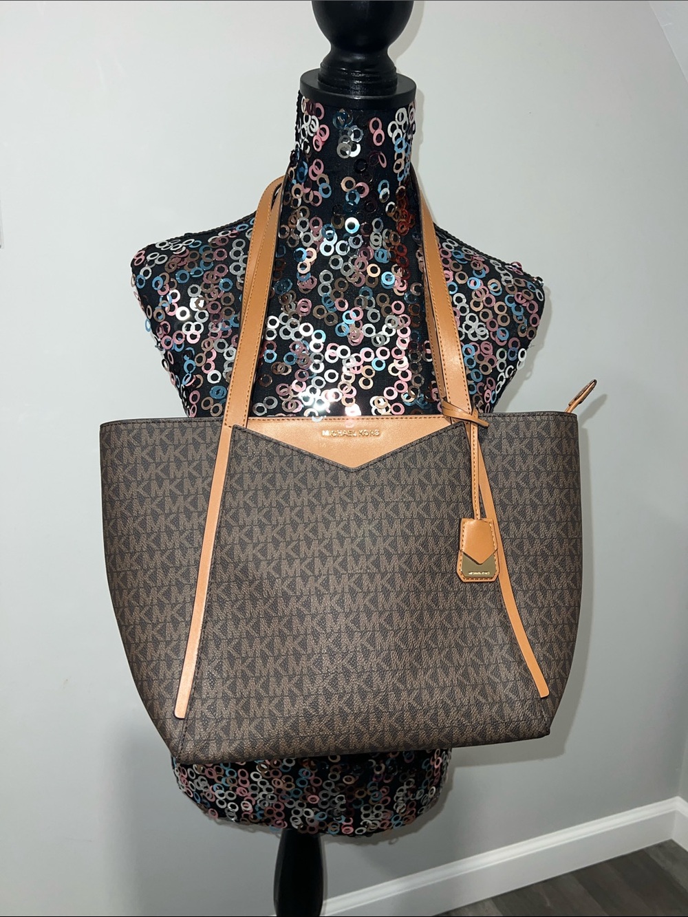 MICHAEL KORS Whitney Medium Leather Brown Signature Logo Handbag Tote